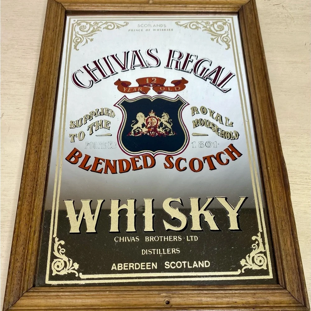 Vintage Chivas Regal Scotch Whisky Pub Bar Mirror Sign in Wooden Frame Scotland